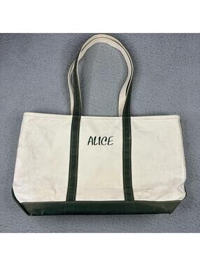 L.L. Bean Boat and Tote Bag Canvas White Green Trim Zip Top USA Made